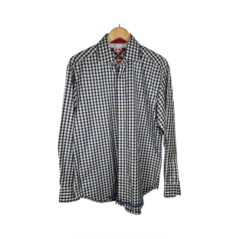 Robert Graham Men's Blue and White geometric long sleeve button down Shirt 090